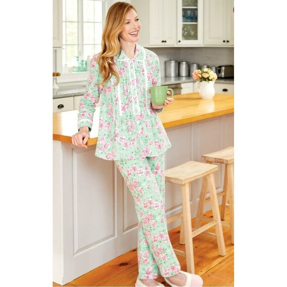 Lanz of Salzburg Flannel Pajamas 2 Piece Mint Green Pink Roses NWT 1X Floral - Picture 1 of 16